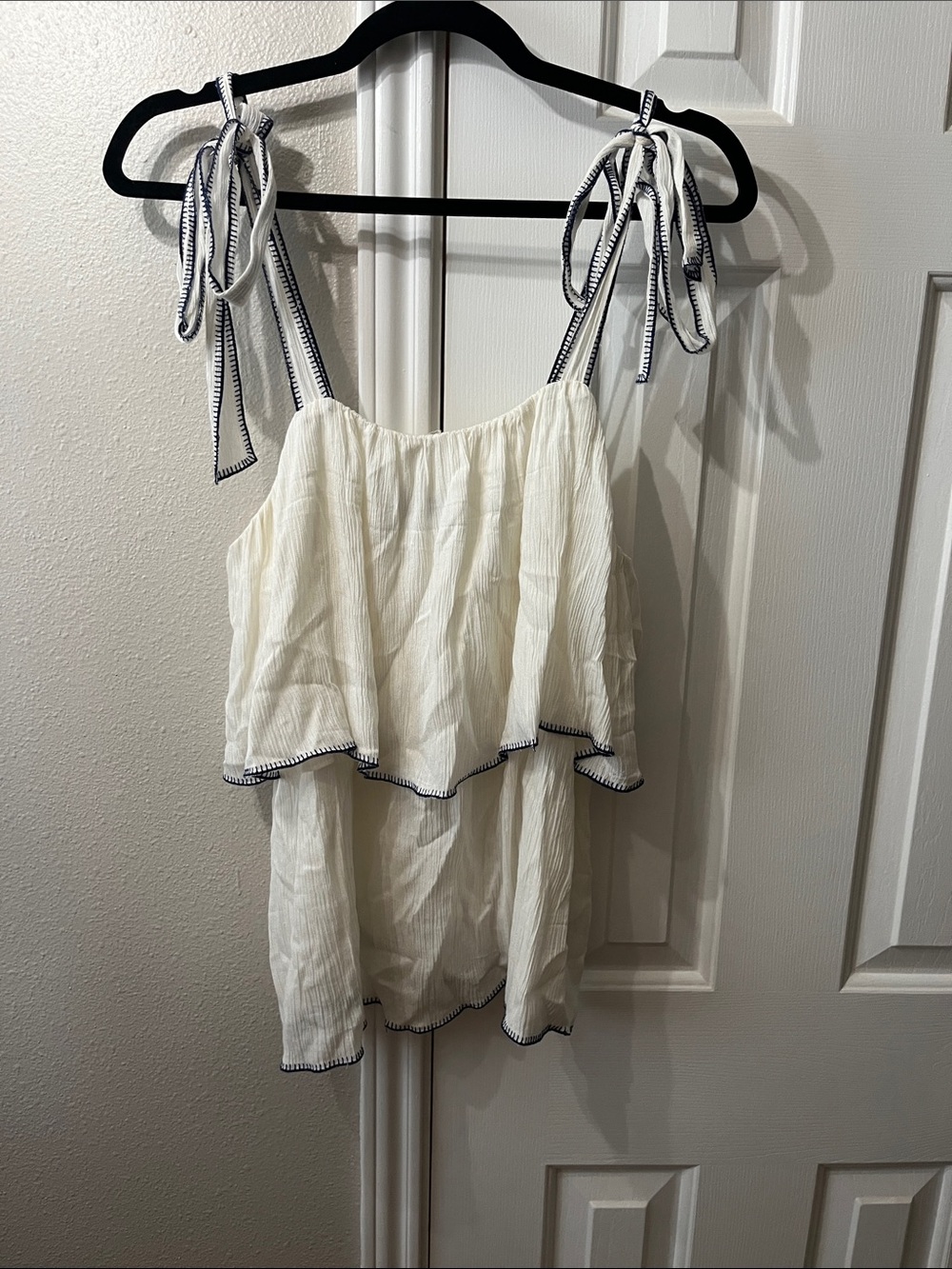 White House Tiered Tie-Shoulder Top with Navy Trim